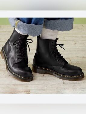 Dr. Martens 1460 Black Leather 8-Eye Lace-Up Boots with Yellow Stitching